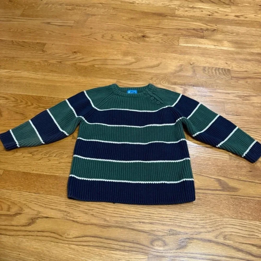 The Childrens Place Boys Striped Sweater 4T Green‎ Navy White Button Shoulder